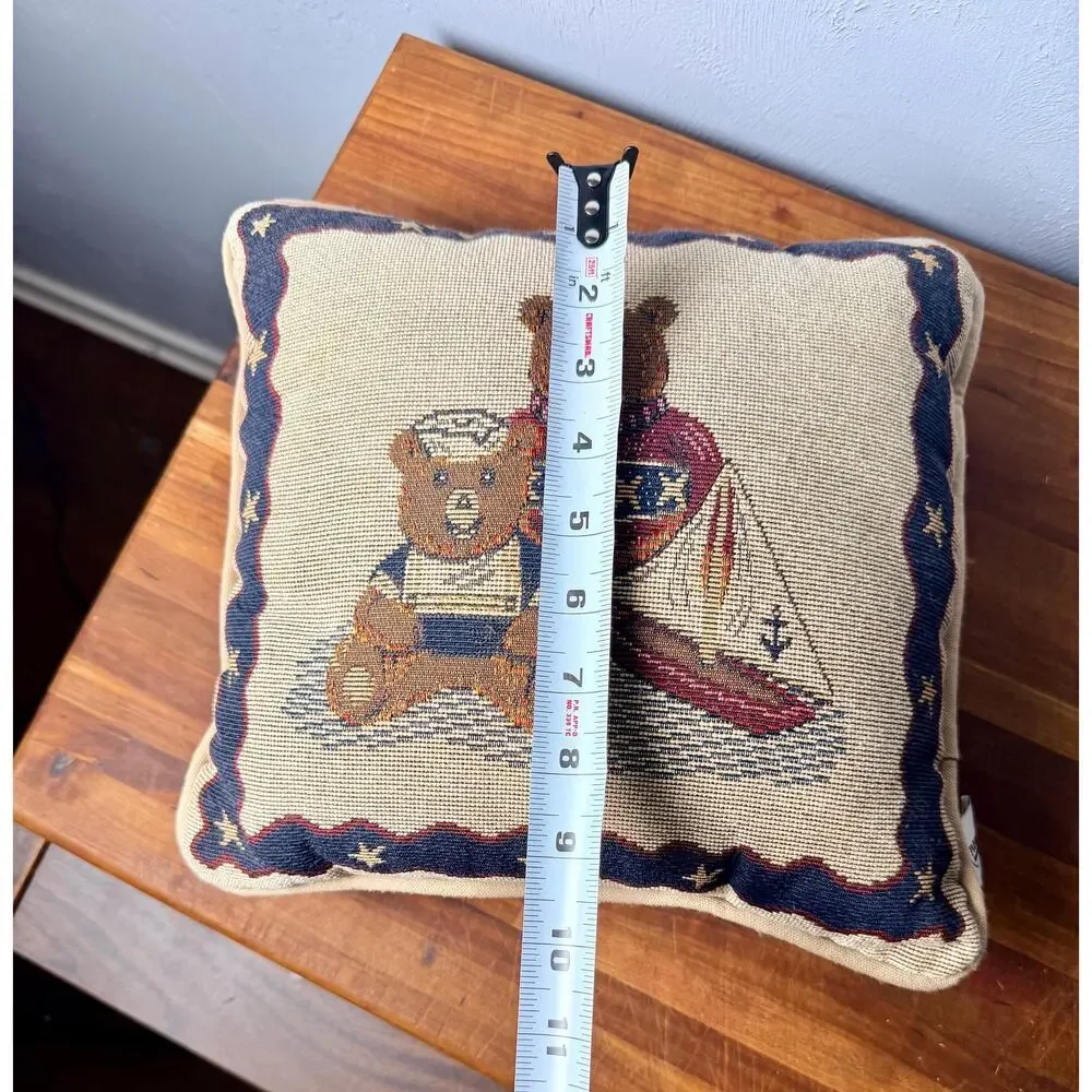 Vintage Riverdale Teddy Bear Tapestry Pillow Nautical Sailboat Americana Coastal